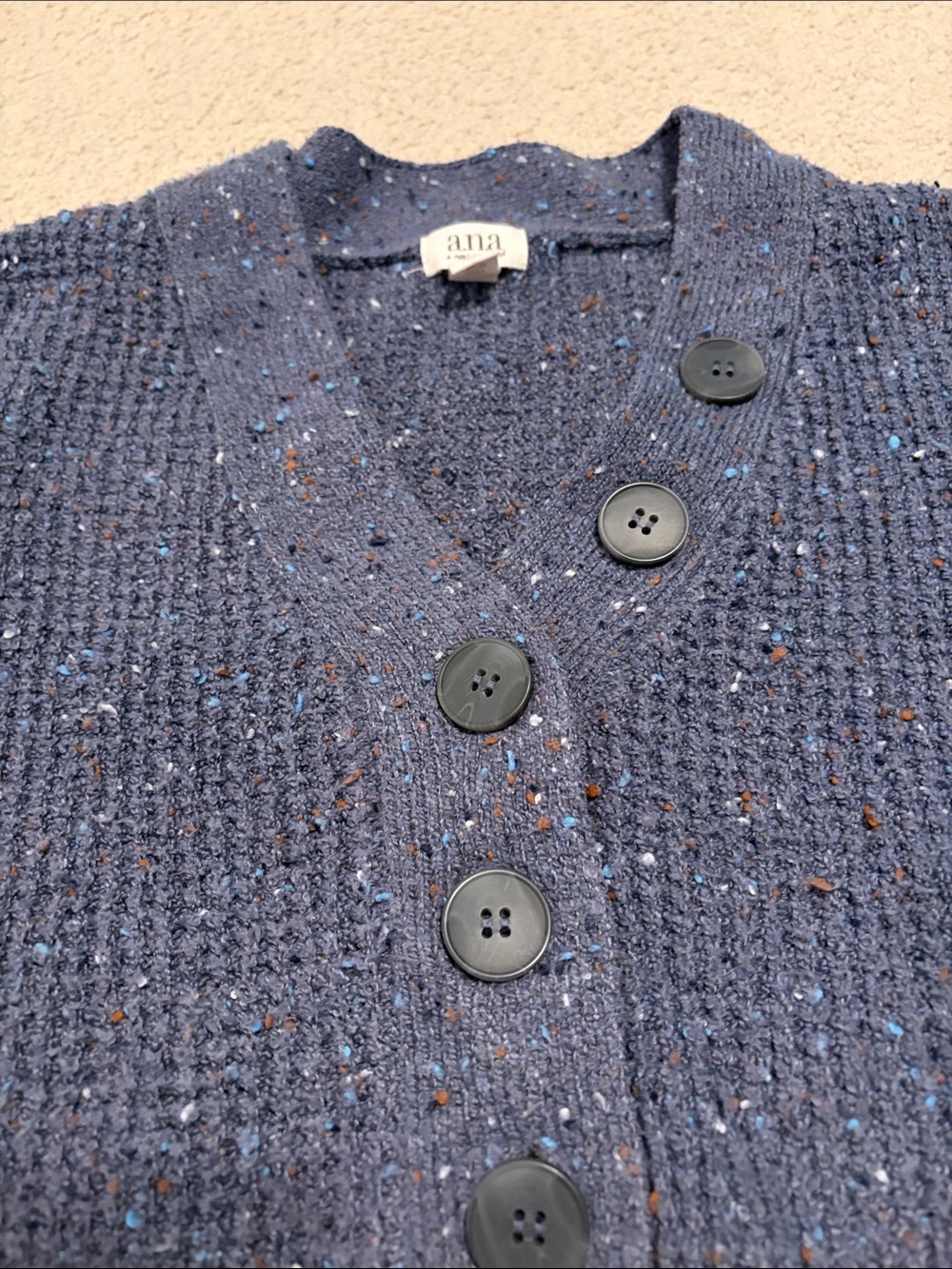 a.n.a petite small waffle knit Button, V-neck boxy fit Sweater in  Blue.